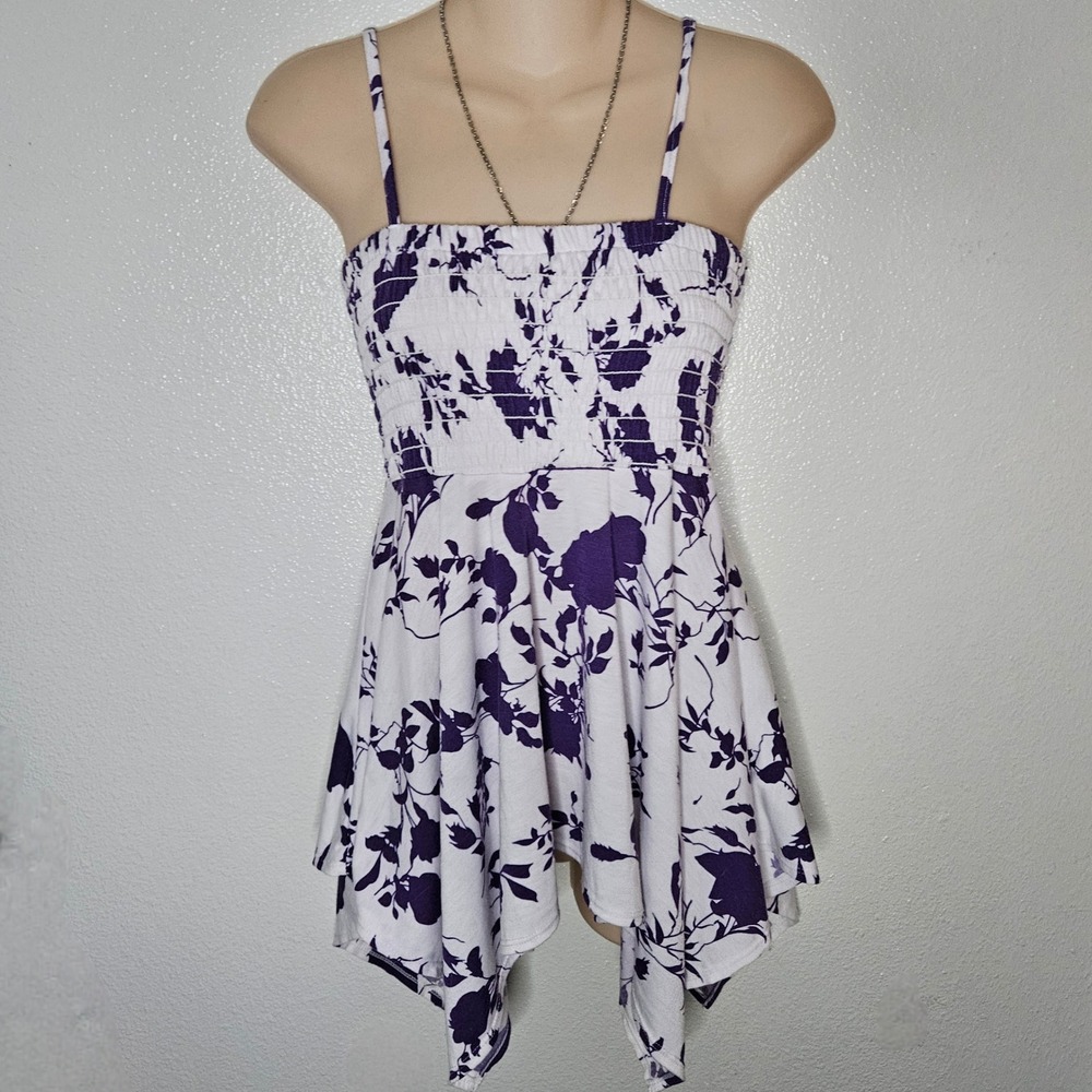 Y2k‎ Casual White Purple Floral Smocked Handkerchief Hem Tunic Top
